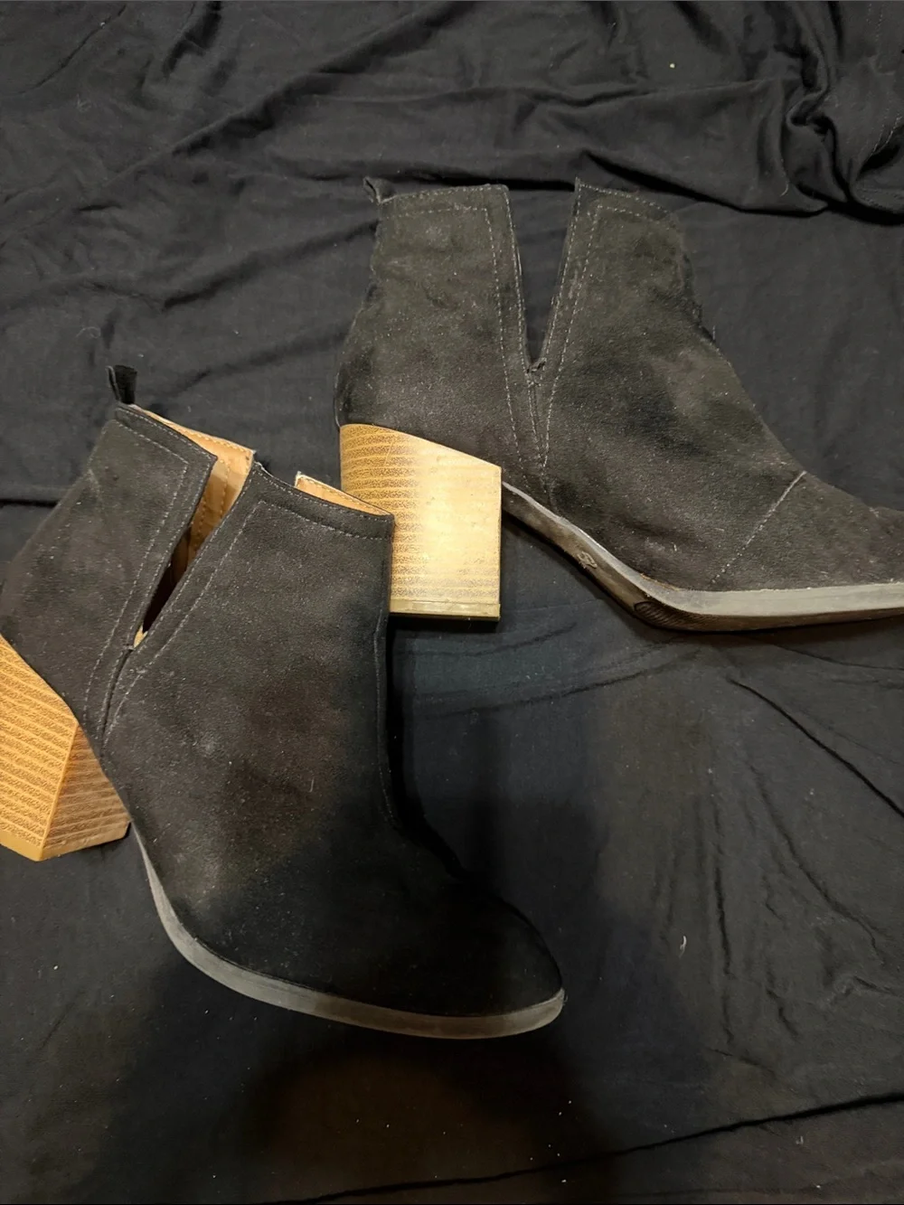 Qupid Black Suede Ankle Booties with Stacked Wood Heel